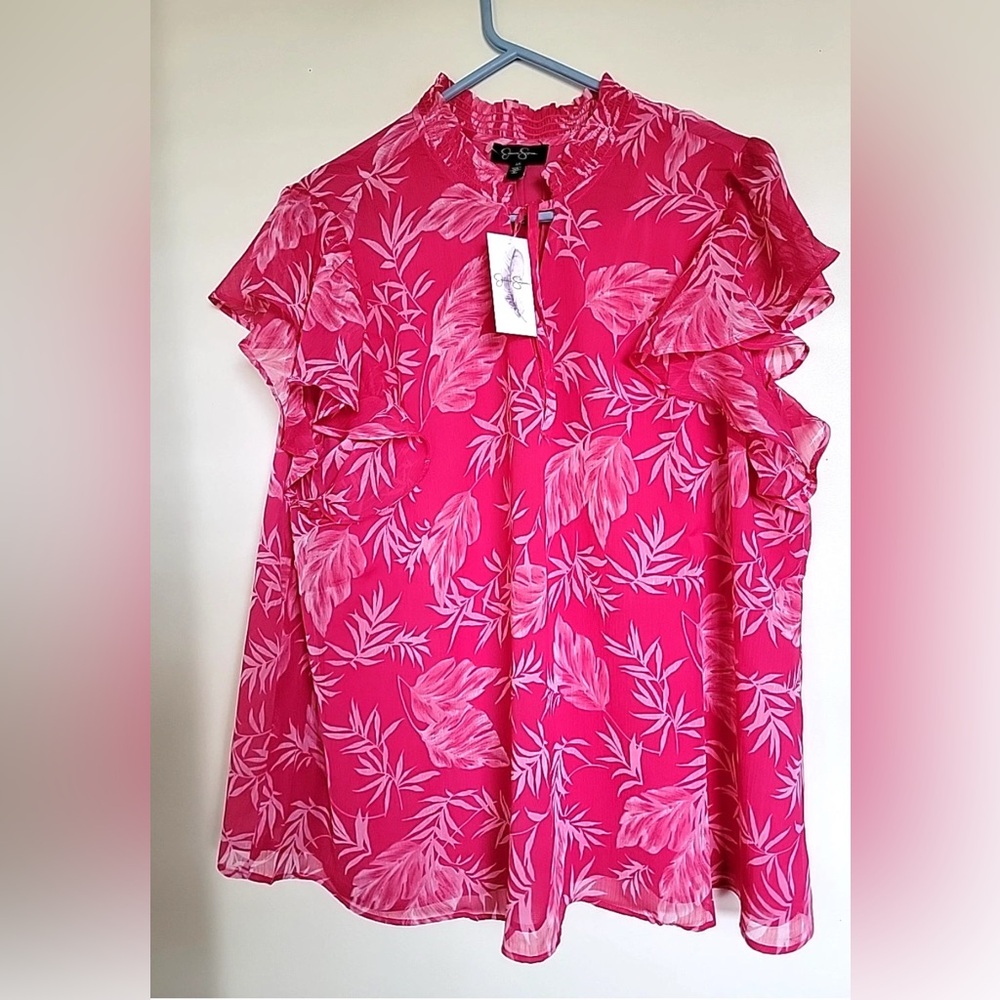 Jessica Simpson Fuchsia Leaf Print Ruffle Blouse